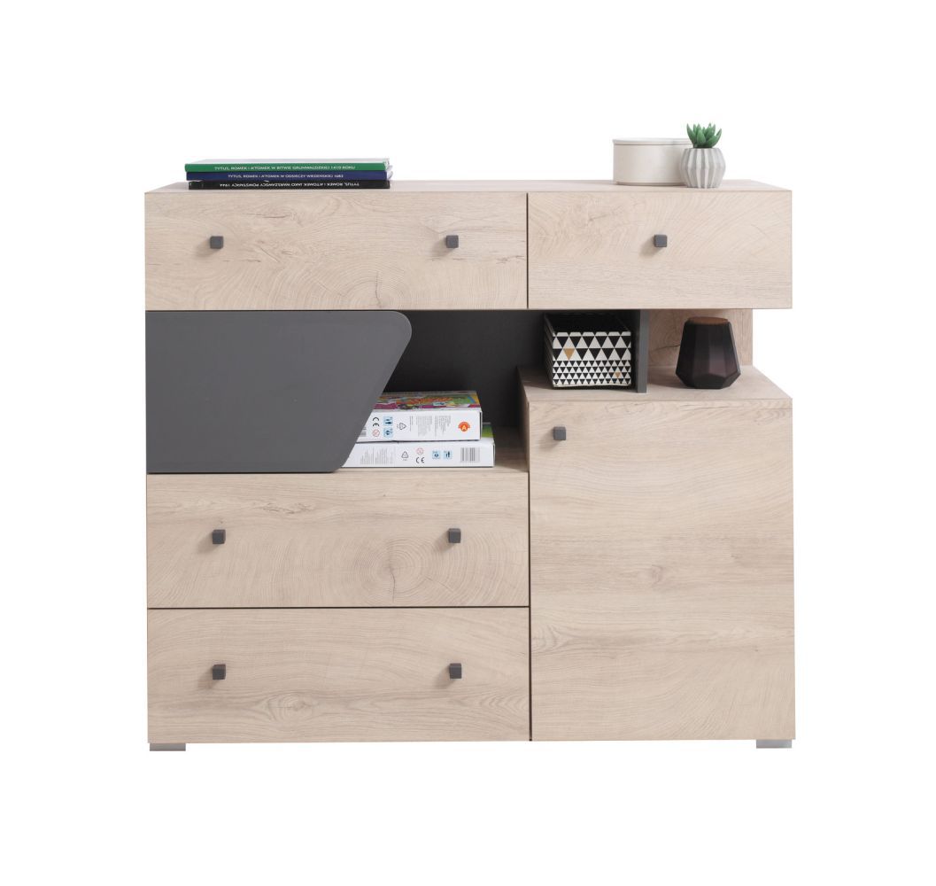 Jugendzimmer - Kommode Chiny 11, Farbe: Eiche / Grau - Abmessungen: 95 x 110 x 40 cm (H x B x T)