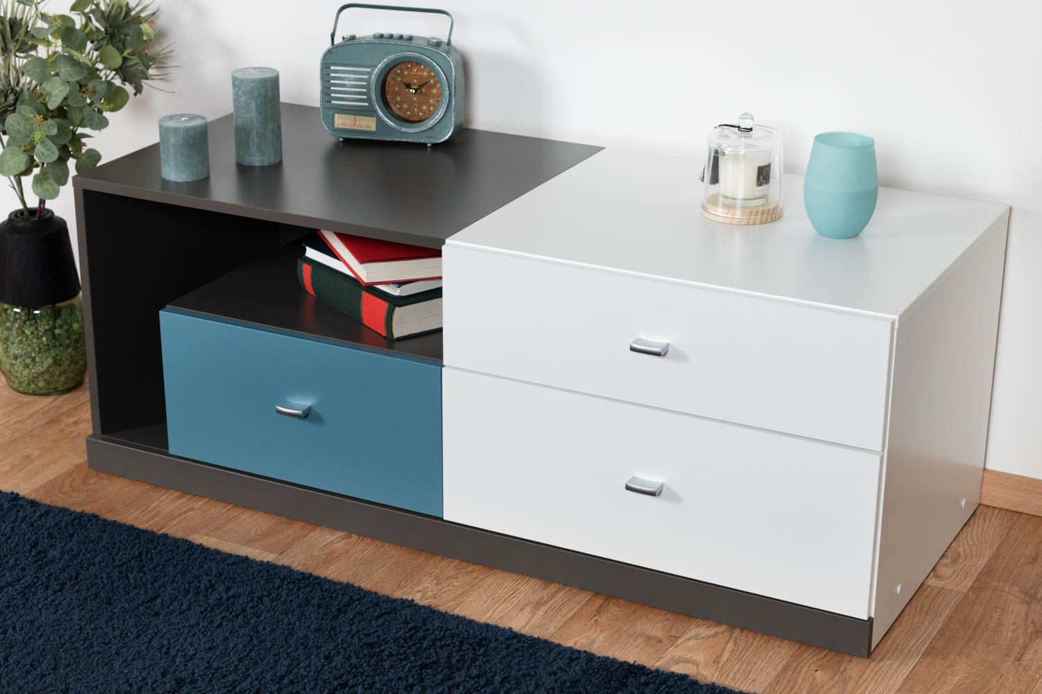 Jugendzimmer TV Unterschrank Ohey 08, Farbe: Grau / Weiß / Blau - Abmessungen: 45 x 120 x 50 cm (H x B x T)