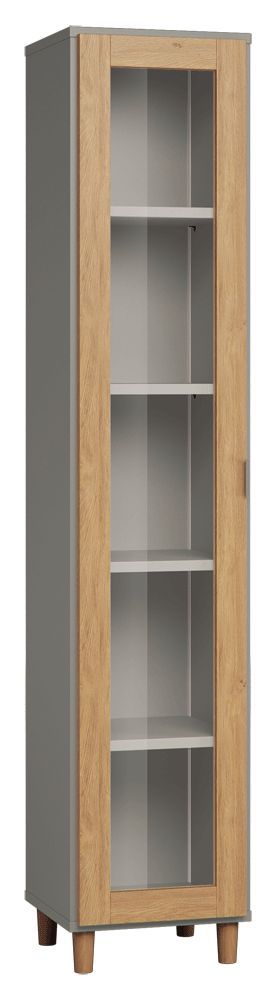 Vitrine Nanez 31, Farbe: Grau / Eiche - Abmessungen: 195 x 39 x 40 cm (H x B x T)