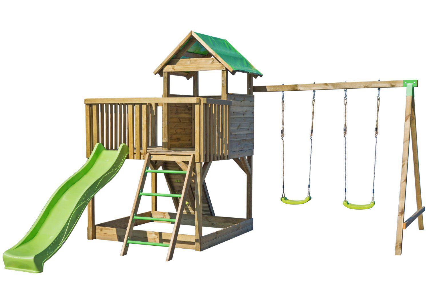 Spielturm S1A inkl. Wellenrutsche, Doppelschaukel-Anbau, Balkon, Sandkasten und Rampe - Abmessungen: 400 x 450 cm (B x T)