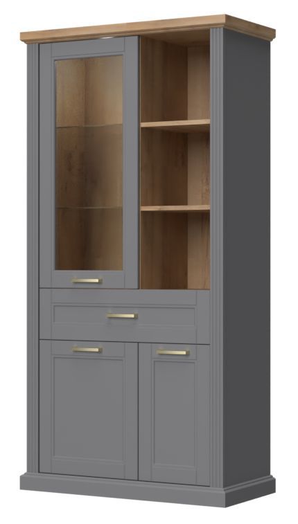 Vitrine Lotofaga 10, Farbe: Grau / Walnuss - 200 x 101 x 48 cm (H x B x T)