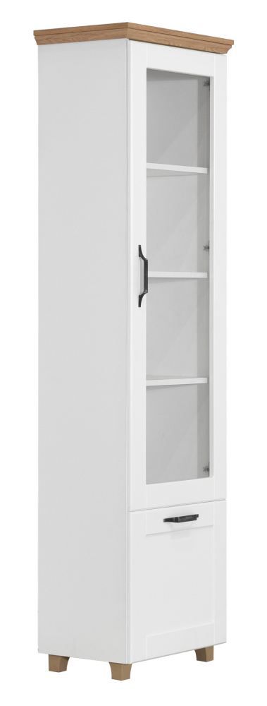 Vitrine Cuenca 01, Farbe: Eiche / Weiß - Abmessungen: 209 x 60 x 39 cm (H x B x T)