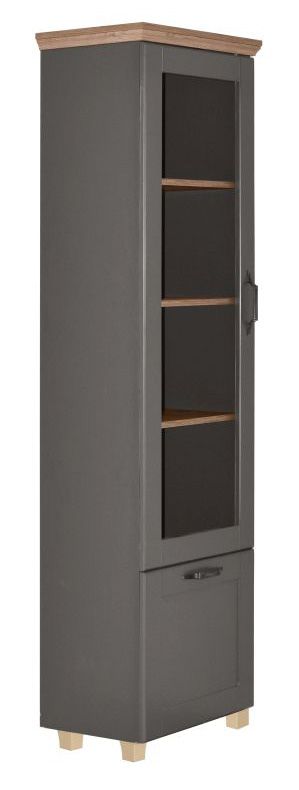 Vitrine Cuenca 01, Farbe: Eiche / Grau - Abmessungen: 209 x 60 x 39 cm (H x B x T)