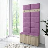 Garderobe 01 für Vorraum mit Schuhschrank für 8 Paar Schuhe, Sitzbank/Wand gepolstert, Sonoma Eiche/Purple, 215 x 100 x 40 cm, 6 Kleiderhaken, 4 Fächer