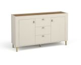 Kommode / Sideboard aus hochwertigen Material Barbe 18, drei Schubladen, vier Fächer, Farbe: Kaschmir, ABS-Kantenschutz, Griffe: Gold, zwei Türen, Maße: 83,5 x 137 x 40 cm, modernes Design