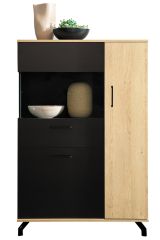 Vitrine Riemst 06, Farbe: Eiche / Schwarz - Abmessungen: 134 x 90 x 40 cm (H x B x T)