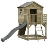 Spielturm S20B1, Dach: Grau, inkl. Wellenrutsche, Balkon, Sandkasten, Kletterwand und Holzleiter - Abmessungen: 330 x 331 cm (B x T)