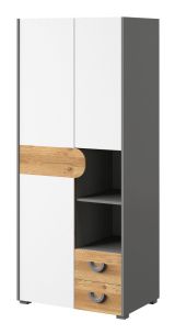 Jugendzimmer - Drehtürenschrank / Kleiderschrank Klemens 01, Farbe: Grau / Weiß / Eiche - Abmessungen: 190 x 80 x 53 cm (H x B x T)