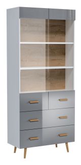 Vitrine Hohgant 11, Farbe: Weiß / Grau Hochglanz - 209 x 90 x 42 cm (H x B x T)