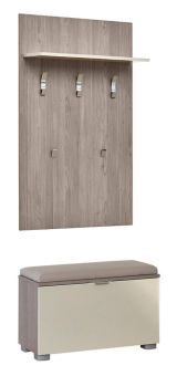 Garderobe mit Sitzbank Sabadell 04, Farbe: Eiche / Beige Hochglanz - 209 x 80 x 38 cm (H x B x T)