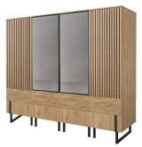 Drehtürenschrank / Kleiderschrank Slatina 45, Farbe: Eiche / Schwarz, teilmassiv - Abmessungen: 203 x 220 x 63 cm (H x B x T)