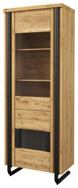 Vitrine Ogulin 05, Farbe: Eiche / Schwarz, teilmassiv - Abmessungen: 199 x 74 x 45 cm (H x B x T)